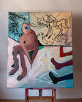 Abstract painting on an easel with various figures and shapes.