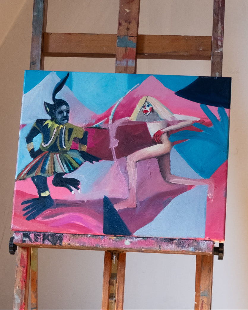 Colorful abstract painting on an easel with a character and geometric shapes.