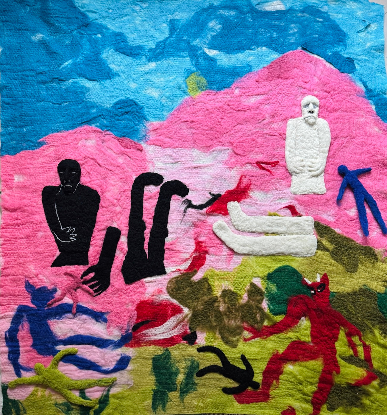 Colorful abstract artwork with various figures and shapes on a textured surface. The shapes show the Moai Makomanai and Noboribetsu statues of Hokkaido, Japan.