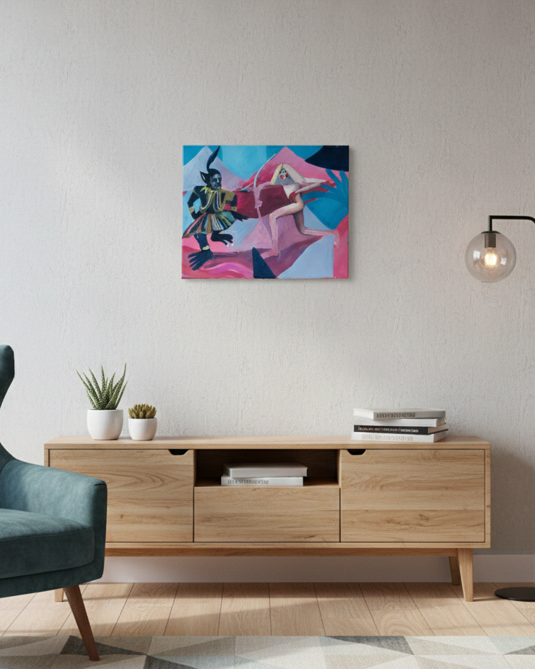 Modern living room with a wooden TV stand, decorative plant, and colorful abstract painting on the wall.