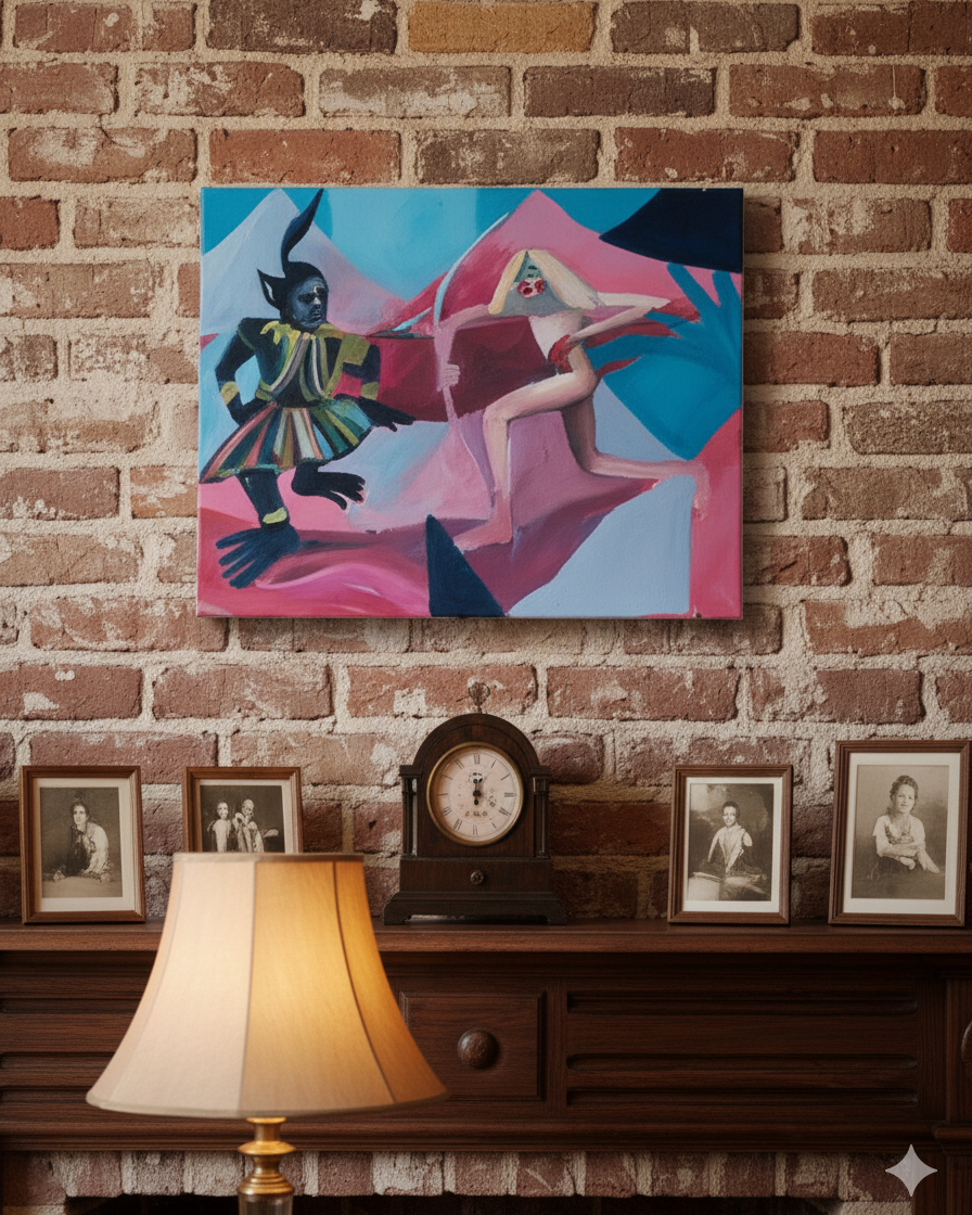 Abstract painting on a brick wall above a wooden shelf with a lamp and framed photos.