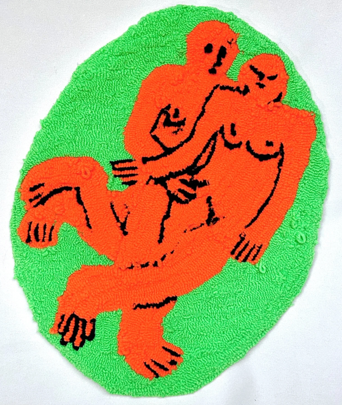 Couple, a hand-tufted tapestry with orange and red figures on a green oval