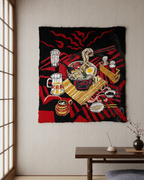 Decorative tapestry with a Japanese-themed design on a wall in a room with a window and table.