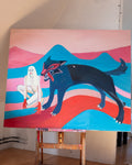Colorful abstract painting on an easel with a woman and a creature against a striped background.