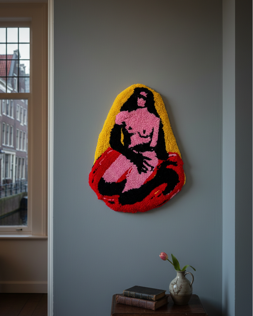 Colorful wall art of a stylized figure on a gray wall with a window and books in the background.