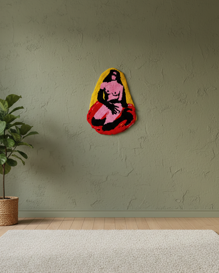 Colorful abstract wall art on a green wall with a plant and rug in the foreground