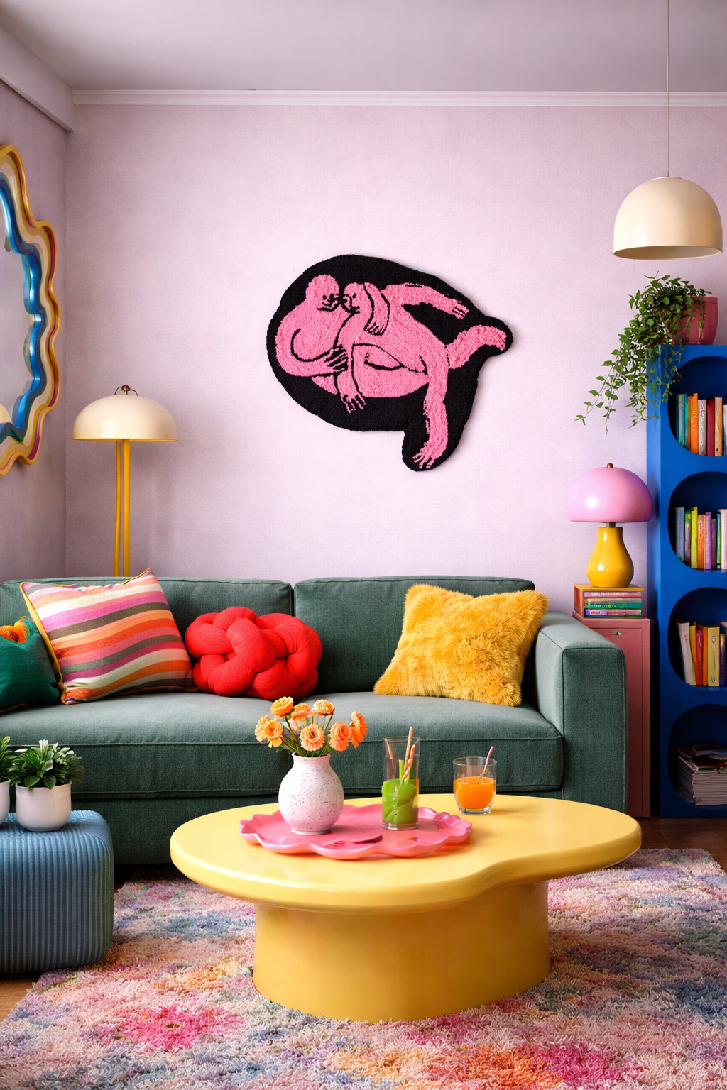 Figure #12 tapestry by Studio Juuls in a colourful living room, with the green sofa echoing a minor colour from the artwork
