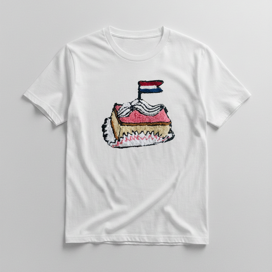 White t-shirt with a colorful tompouce cake graphic on a light gray background