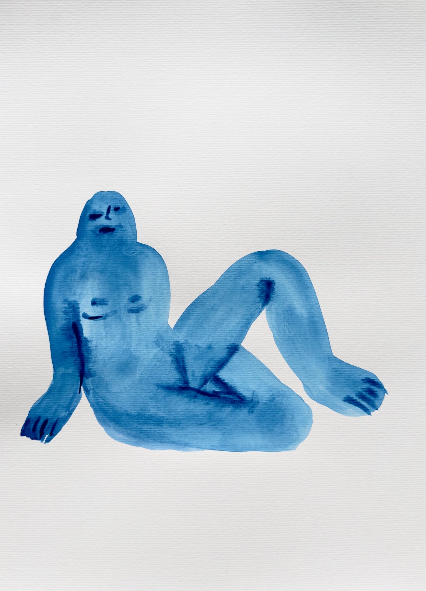Blue abstract figure on a white background, watercolor on paper