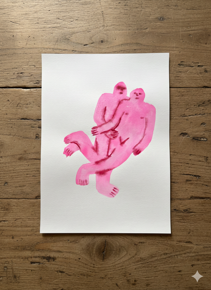 Pink abstract artwork made by watercolor on paper, showing two pink figures on a white sheet of paper, placed on a wooden surface.